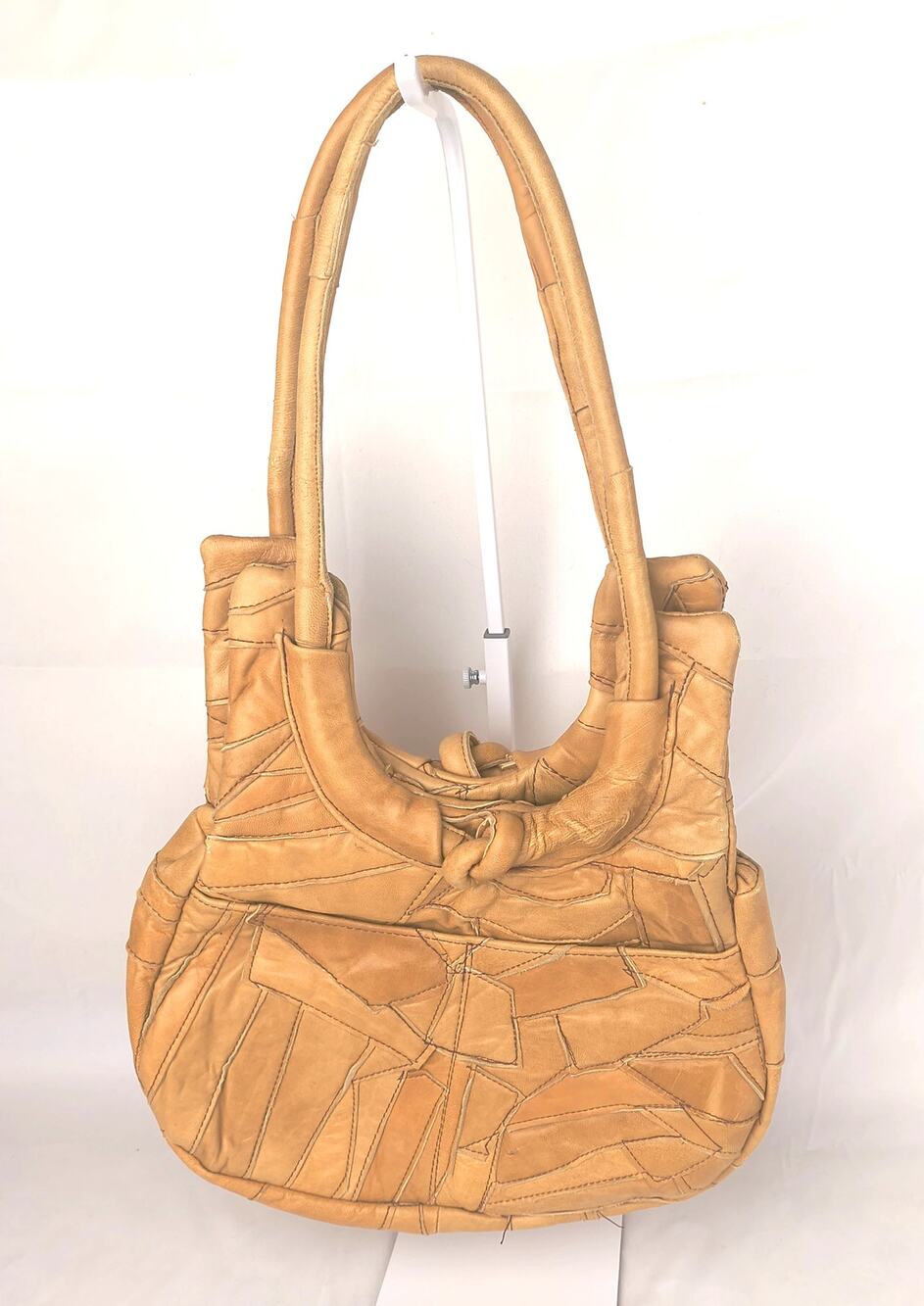Vintage 70s 80s Leather Patchwork Hobo Shoulder Bag Tan Brown Boho Hippie